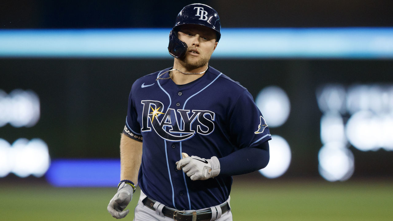 TORONTO, ON - SEPTEMBER 13: Austin Meadows #17 of the Tampa Bay Rays rounds the bases as he scores a home run in the ninth inning of their MLB game against the Toronto Blue Jays at Rogers Centre on September 13, 2021 in Toronto, Ontario.
