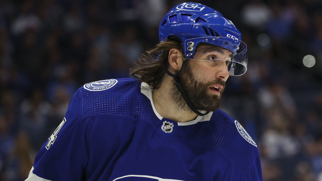 TAMPA, FL - MARCH 29: Pat Maroon #14 of the Tampa Bay Lightning skates against the Carolina Hurricanes during the first period at Amalie Arena on March 29, 2022 in Tampa, Florida.