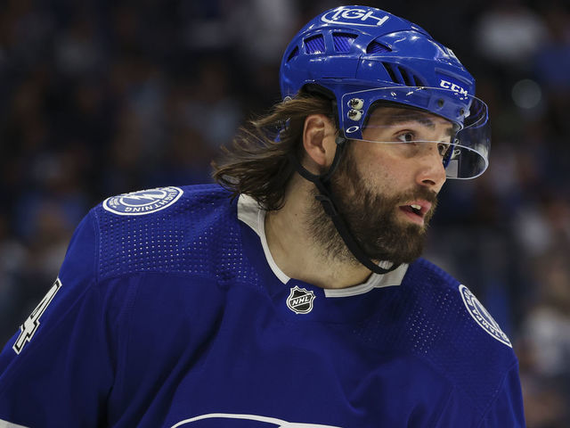 TAMPA, FL - MARCH 29: Pat Maroon #14 of the Tampa Bay Lightning skates against the Carolina Hurricanes during the first period at Amalie Arena on March 29, 2022 in Tampa, Florida.