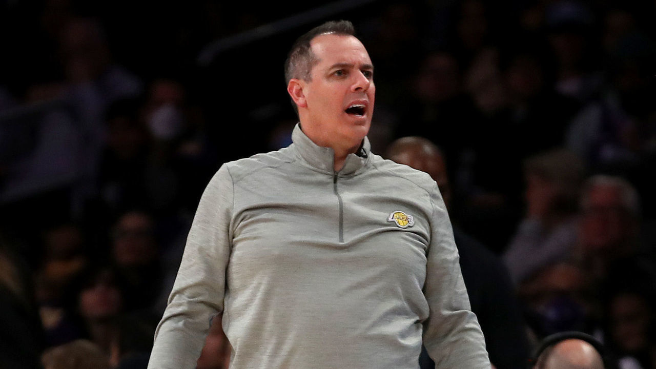 LOS ANGELES, CALIFORNIA - FEBRUARY 25: Head coach Frank Vogel of the Los Angeles Lakers reacts to a play during the third quarter against the Los Angeles Clippers at Crypto.com Arena on February 25, 2022 in Los Angeles, California.