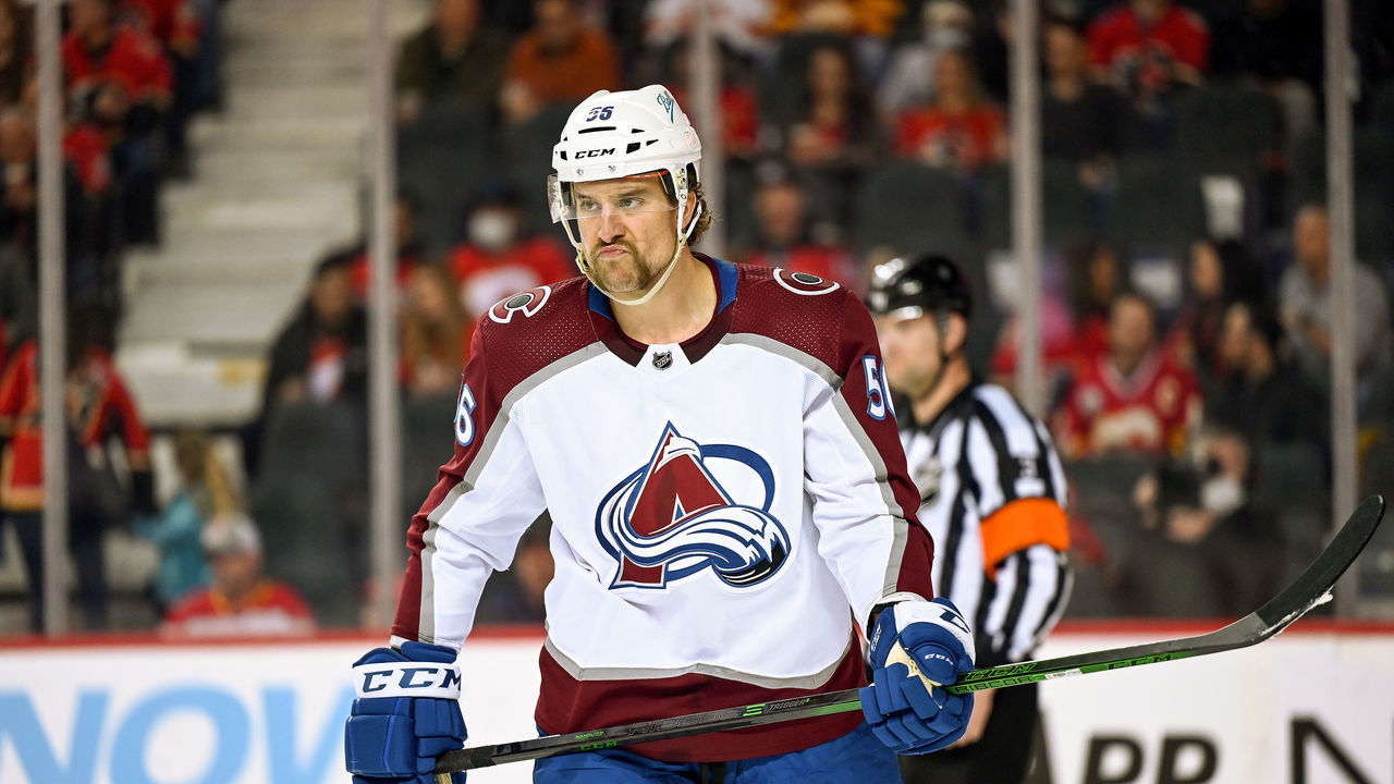 CALGARY, AB - MARCH 29: Colorado Avalanche Defenceman Kurtis MacDermid (56) makes a face during the first period of an NHL game where the Calgary Flames hosted the Colorado Avalanche on March 29, 2022, at the Scotiabank Saddledome in Calgary, AB.