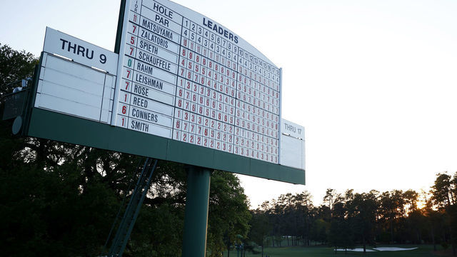 AUGUSTA, GEORGIA - APRIL 11: A general view of a leaderboard on the 18th green after Hideki Matsuyama of Japan won the Masters at Augusta National Golf Club on April 11, 2021 in Augusta, Georgia.