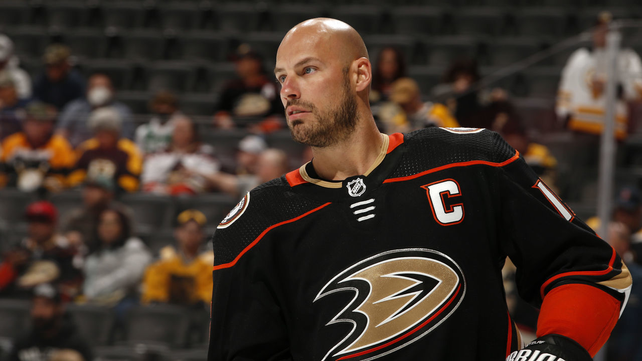 ANAHEIM, CA - MARCH 1: Ryan Getzlaf #15 of the Anaheim Ducks skates in warm-ups prior to the game against the Boston Bruins at Honda Center on March 1, 2022 in Anaheim, California.