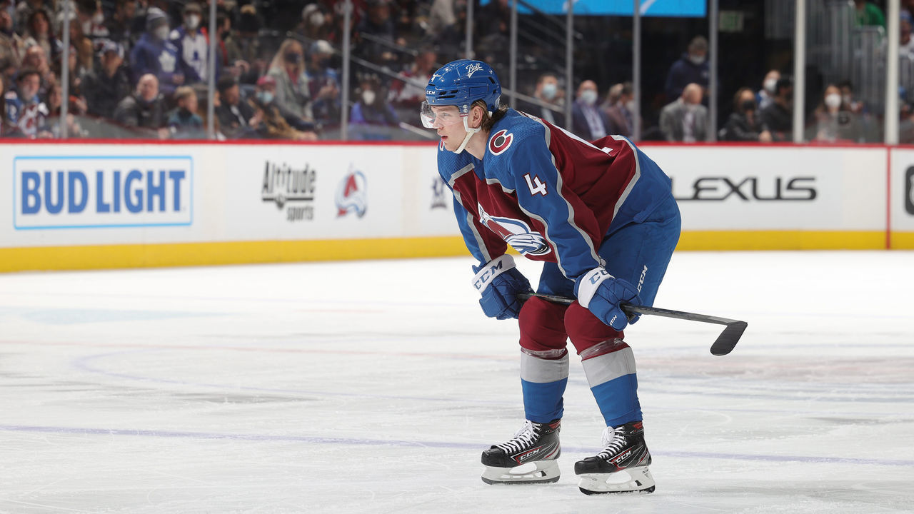 DENVER, COLORADO - JANUARY 08: Bowen Byram #4 of the Colorado Avalanche skates against the Toronto Maple Leafs at Ball Arena on January 08, 2022 in Denver, Colorado.