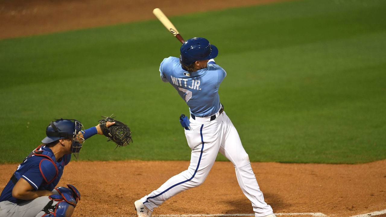 SURPRISE, AZ - MARCH 26, 2022: Bobby Witt Jr. #7 of the Kansas City Royals bats during the third inning of an MLB spring training game against the Los Angeles Dodgers at Surprise Stadium on March 26, 2022 in Surprise, Arizona.