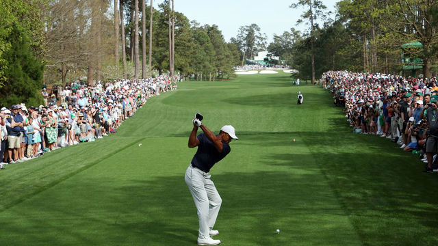 AUGUSTA, GEORGIA - APRIL 04: Tiger Woods of the United States plays his shot from the seventh tee during a practice round prior to the Masters at Augusta National Golf Club on April 04, 2022 in Augusta, Georgia.