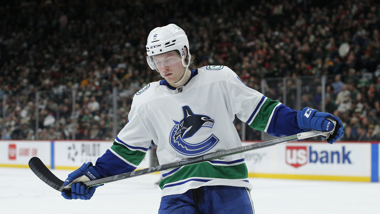ST. PAUL, MN - MARCH 24: Vancouver Canucks Right Wing Brock Boeser (6) skates around during a TV timeout during the NHL game between the Vancouver Canucks and the Minnesota Wild on March 24th, 2022, at Xcel Energy Center in St. Paul, MN.
