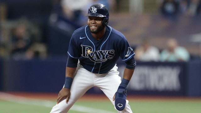 ST PETERSBURG, FLORIDA - SEPTEMBER 18: Manuel Margot #13 of the Tampa Bay Rays leads off first base during the second inning against the Detroit Tigers at Tropicana Field on September 18, 2021 in St Petersburg, Florida.
