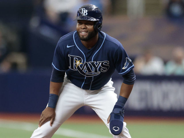 ST PETERSBURG, FLORIDA - SEPTEMBER 18: Manuel Margot #13 of the Tampa Bay Rays leads off first base during the second inning against the Detroit Tigers at Tropicana Field on September 18, 2021 in St Petersburg, Florida.