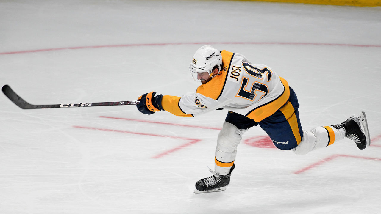 LOS ANGELES, CA - MARCH 22: Nashville Predators Defenceman Roman Josi (59) takes a shot on net during a Los Angeles Kings game versus the Nashville Predators on March 22, 2022, at the Crypto.com Arena in Los Angeles, CA.