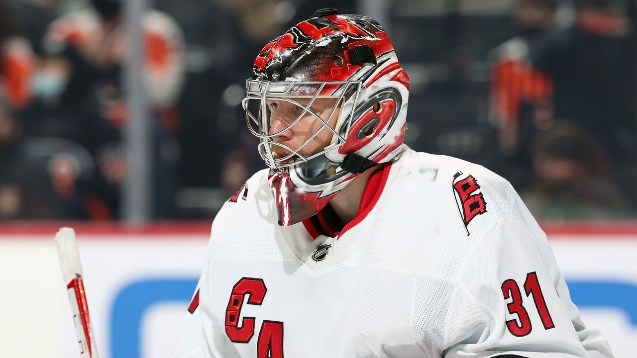 PHILADELPHIA, PA - FEBRUARY 21: Frederik Andersen #31 of the Carolina Hurricanes looks on against the Philadelphia Flyers at the Wells Fargo Center on February 21, 2022 in Philadelphia, Pennsylvania.