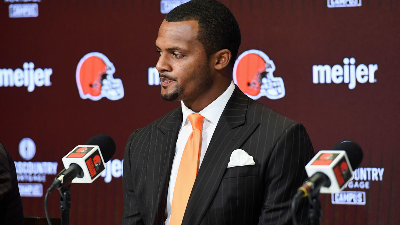 BEREA, OHIO - MARCH 25: Quarterback Deshaun Watson of the Cleveland Browns listens to questions during a press conference at CrossCountry Mortgage Campus on March 25, 2022 in Berea, Ohio.