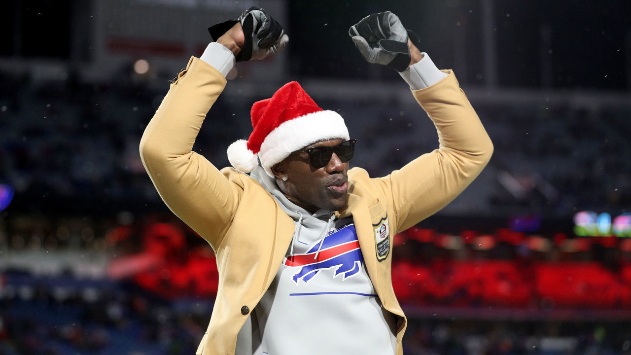 ORCHARD PARK, NEW YORK - DECEMBER 06: Terrell Owens reacts prior to a game between the Buffalo Bills and the New England Patriots at Highmark Stadium on December 06, 2021 in Orchard Park, New York.