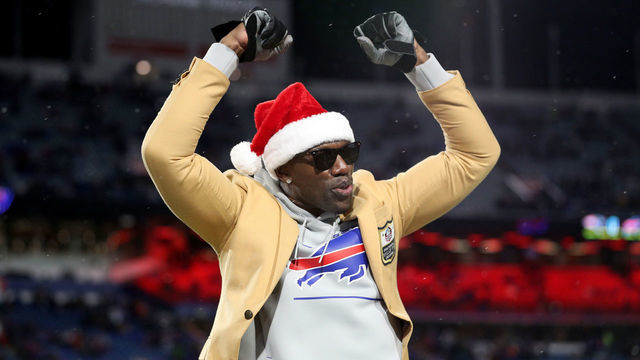 ORCHARD PARK, NEW YORK - DECEMBER 06: Terrell Owens reacts prior to a game between the Buffalo Bills and the New England Patriots at Highmark Stadium on December 06, 2021 in Orchard Park, New York.