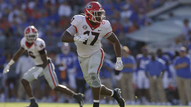JACKSONVILLE, FL - OCTOBER 30: Georgia Bulldogs linebacker Nakobe Dean (17) during the game between the Georgia Bulldogs and the Florida Gators on October 30, 2021 at TIAA Bank Field in Jacksonville, Fl.