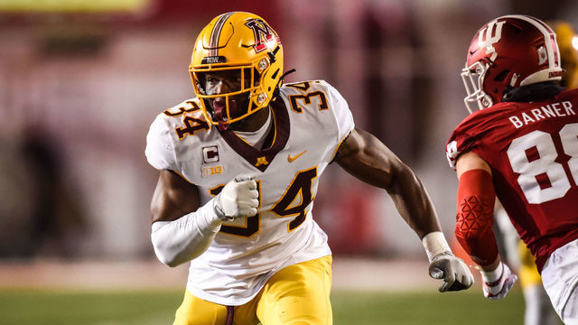 BLOOMINGTON, IN - NOVEMBER 20: Minnesota DL Boye Mafe (34) during a college football game between the Minnesota Golden Gophers and Indiana Hoosiers on November 20, 2021 at Memorial Stadium in Bloomington, IN.