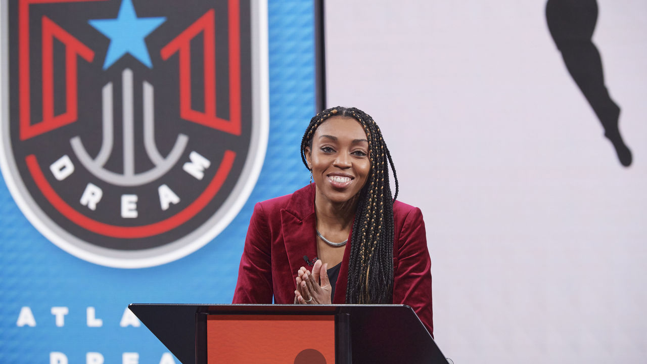 BRISTOL, CT - DECEMBER 19: Renee Montgomery of the Atlanta Dream during the 2022 WNBA Draft Lottery on December 19, 2021 at ESPN in Bristol, Connecticut. NOTE TO USER: User expressly acknowledges and agrees that, by downloading and/or using this Photograph, user is consenting to the terms and conditions of the Getty Images License Agreement. Mandatory Copyright Notice: Copyright 2021NBAE