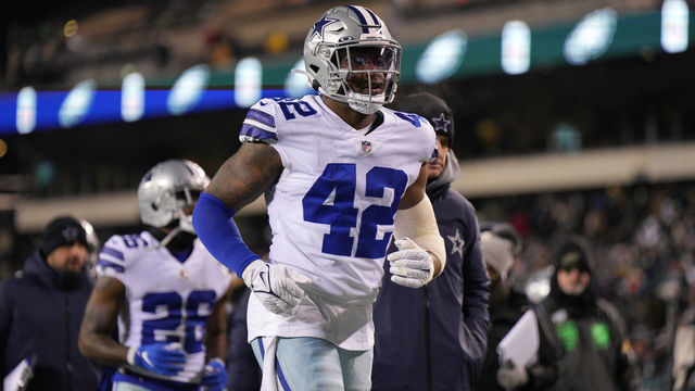 PHILADELPHIA, PA - JANUARY 09: Dallas Cowboys middle linebacker Keanu Neal (42) looks on during the game between the Dallas Cowboys and the Philadelphia Eagles on January 8, 2022 at Lincoln Financial Field in Philadelphia, PA.
