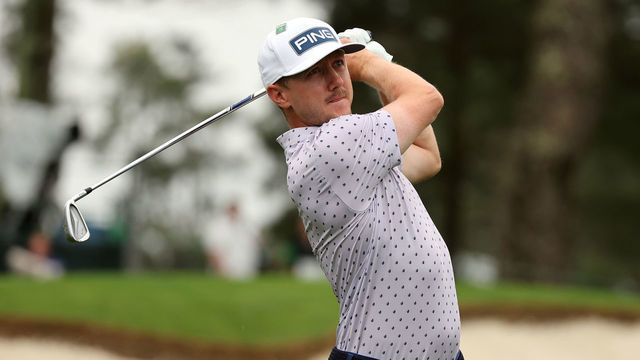 AUGUSTA, GEORGIA - APRIL 06: Mackenzie Hughes of Canada plays his shot from the third tee during a practice round prior to the Masters at Augusta National Golf Club on April 06, 2022 in Augusta, Georgia.