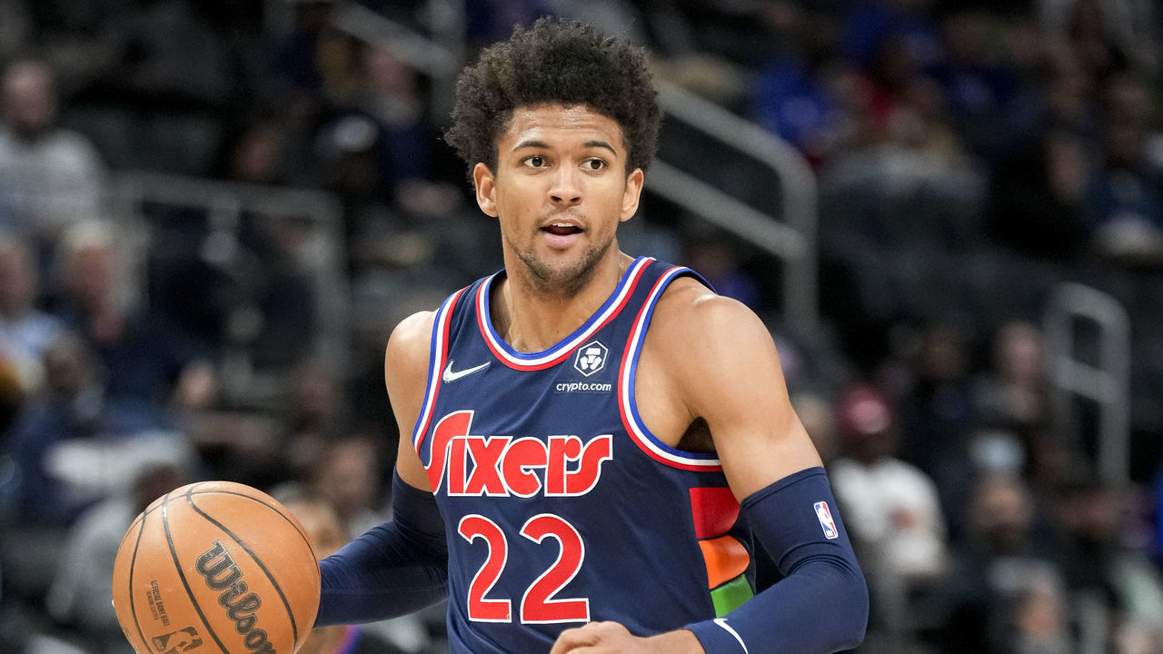 DETROIT, MICHIGAN - MARCH 31: Matisse Thybulle #22 of the Philadelphia 76ers handles the ball against the Detroit Pistons during the first quarter at Little Caesars Arena on March 31, 2022 in Detroit, Michigan.
