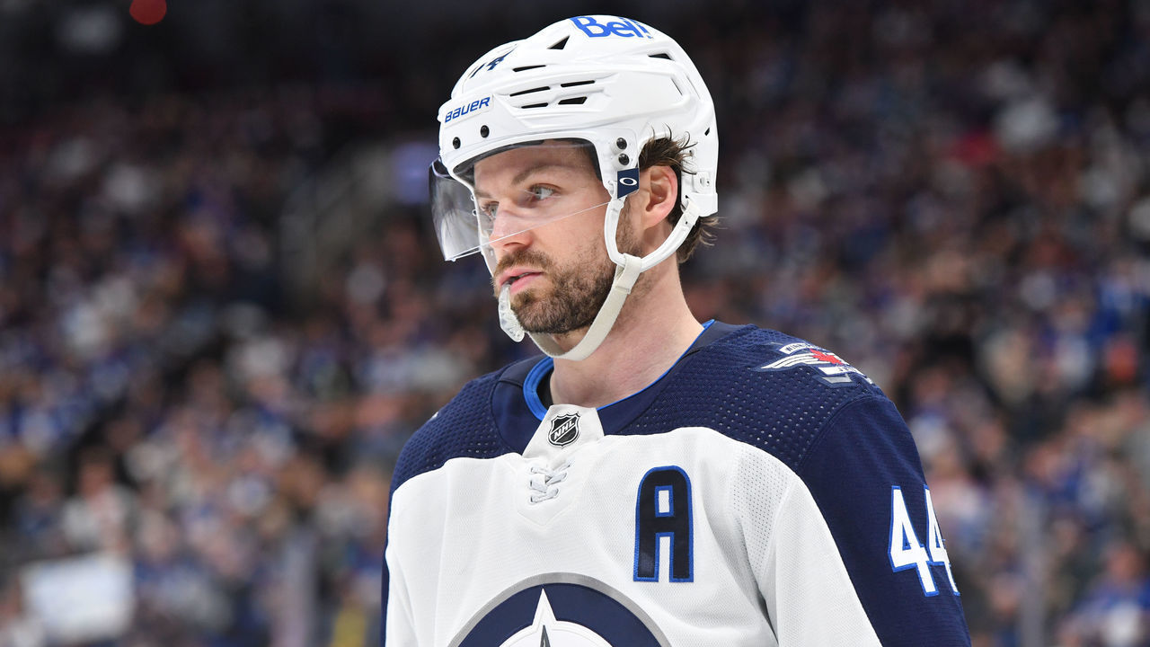 TORONTO, ON - MARCH 31: Winnipeg Jets Defenceman Josh Morrissey (44) looks on after the whistle in the third period during the NHL regular season game between the Winnipeg Jets and the Toronto Maple Leafs on March 31, 2022, at Scotiabank Arena in Toronto, ON, Canada.