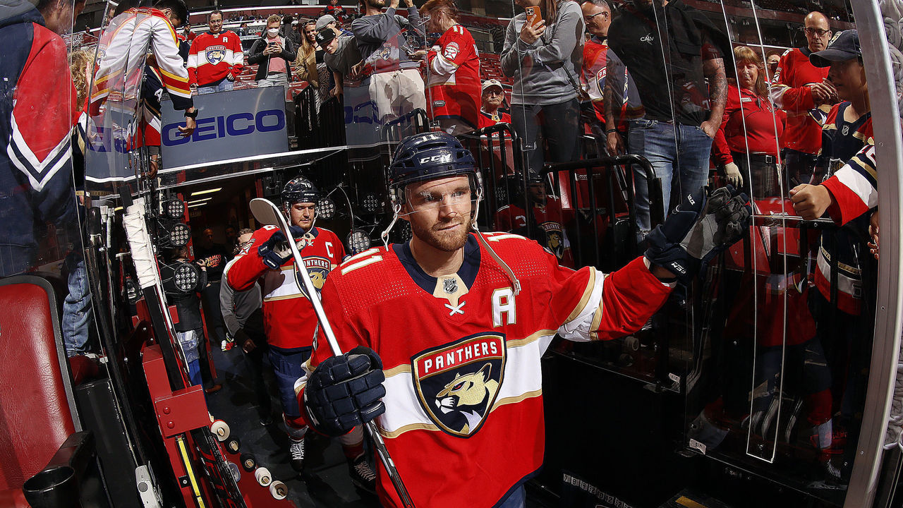 SUNRISE, FL - APRIL 5: Jonathan Huberdeau #11 of the Florida Panthers heads out to the ice for warm ups prior to the start of the game against the Toronto Maple Leafs at the FLA Live Arena on April 5, 2022 in Sunrise, Florida.