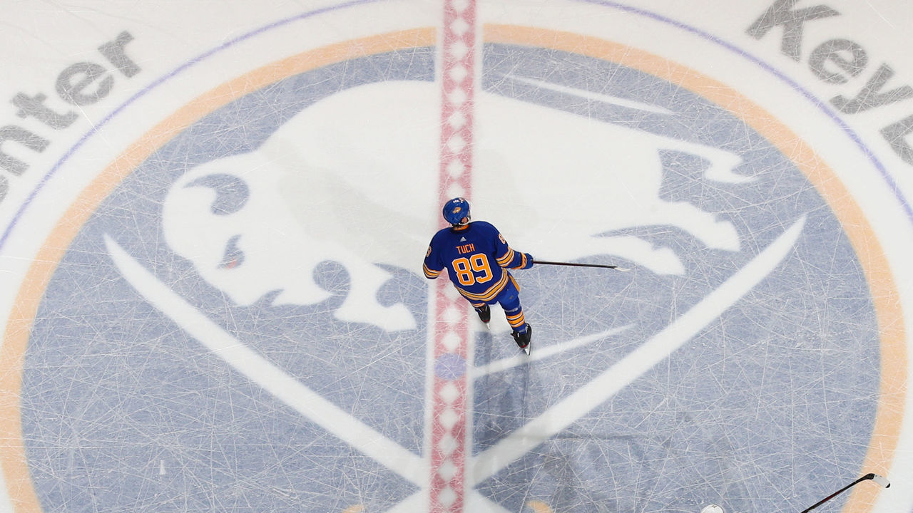 BUFFALO, NY - APRIL 5: Alex Tuch #89 of the Buffalo Sabres skates against the Carolina Hurricanes during an NHL game on April 5, 2022 at KeyBank Center in Buffalo, New York.