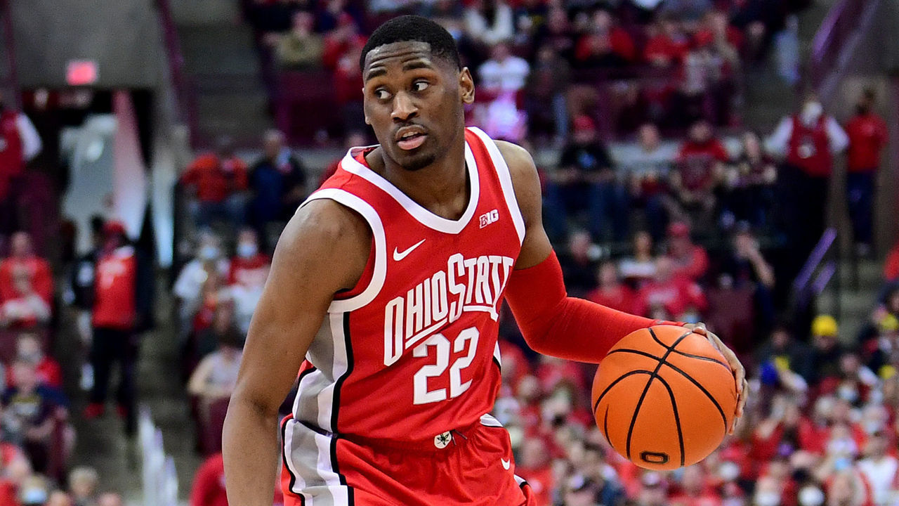 COLUMBUS, OHIO - MARCH 06: Malaki Branham #22 of the Ohio State Buckeyes drives the ball during a game between the Ohio State Buckeyes and Michigan Wolverines at Value City Arena on March 06, 2022 in Columbus, Ohio.