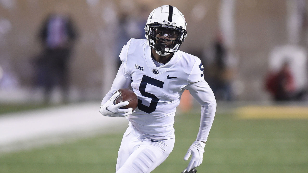 COLLEGE PARK, MARYLAND - NOVEMBER 06: Jahan Dotson #5 of the Penn State Nittany Lions runs with the ball after making a catch against the Maryland Terrapins at Capital One Field at Maryland Stadium on November 06, 2021 in College Park, Maryland.