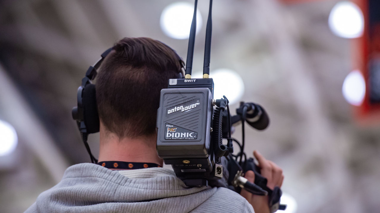 PRINCETON, NJ - FEBRUARY 25: General view of a television camera man during the Ivy League college basketball game between the Penn Quakers and Princeton Tigers on February 25, 2020 at Jadwin Gymnasium in Princeton, NJ