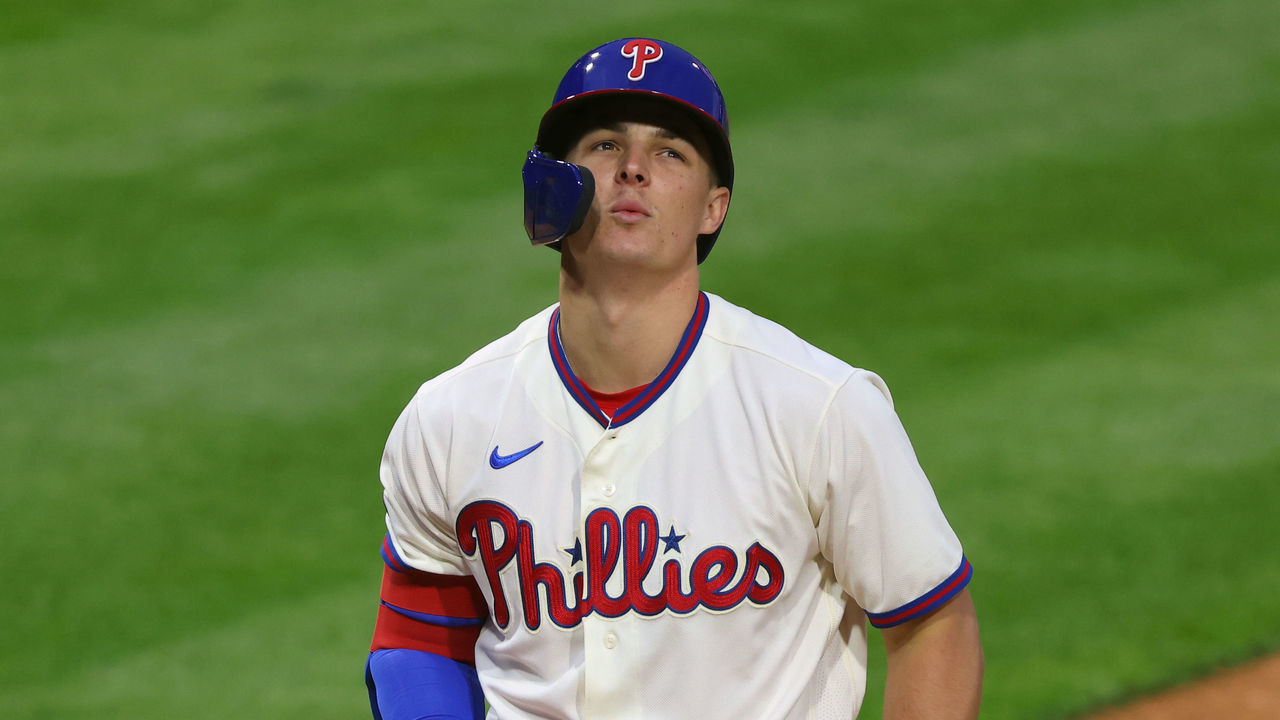 PHILADELPHIA, PA - APRIL 17: Mickey Moniak #16 of the Philadelphia Phillies in action against the St. Louis Cardinals during an MLB baseball game at Citizens Bank Park on April 17, 2021 in Philadelphia, Pennsylvania. The Cardinals defeated the Phillies 9-4.