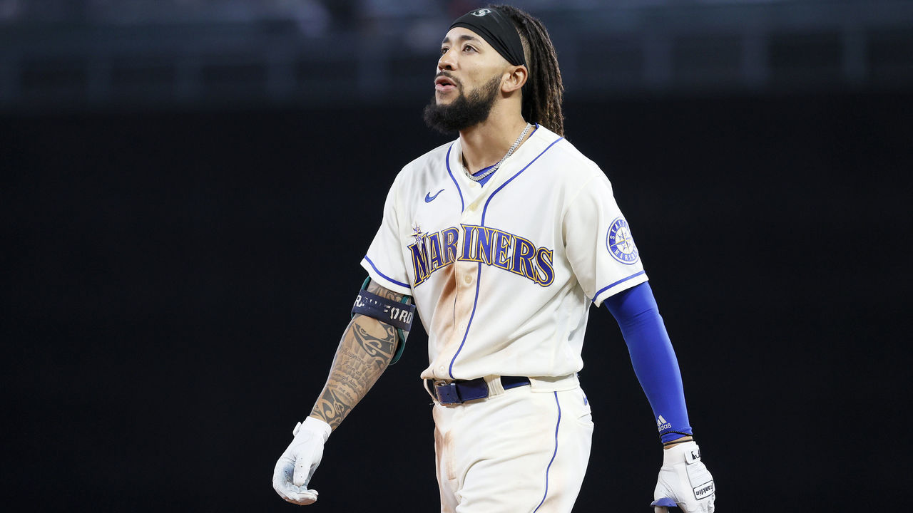 SEATTLE, WASHINGTON - OCTOBER 03: J.P. Crawford #3 of the Seattle Mariners reacts during the sixth inning against the Los Angeles Angels at T-Mobile Park on October 03, 2021 in Seattle, Washington.