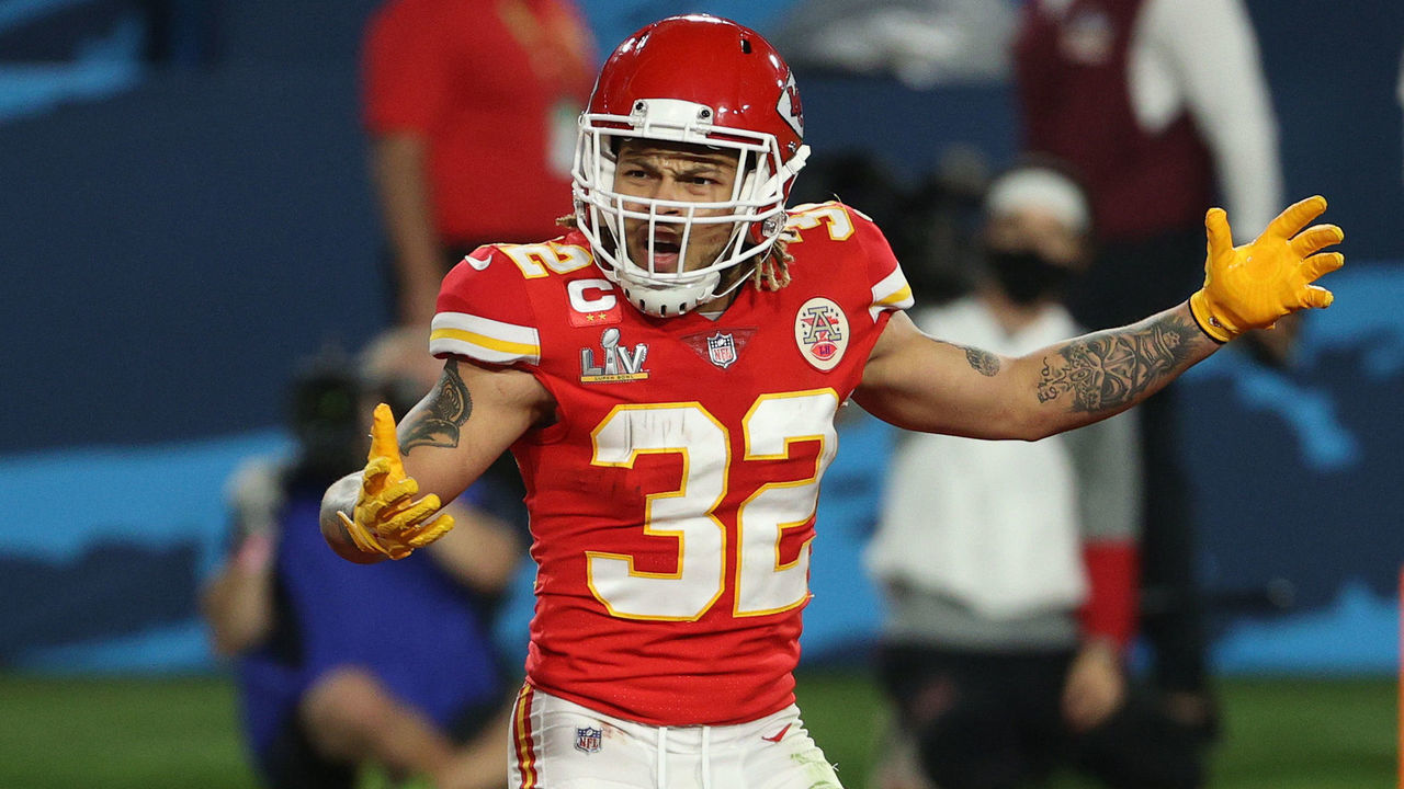 TAMPA, FLORIDA - FEBRUARY 07: Tyrann Mathieu #32 of the Kansas City Chiefs reacts after a penalty call in the second quarter against the Tampa Bay Buccaneers in Super Bowl LV at Raymond James Stadium on February 07, 2021 in Tampa, Florida.