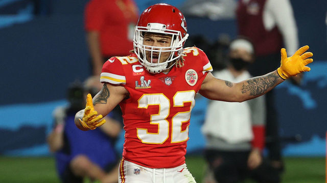 TAMPA, FLORIDA - FEBRUARY 07: Tyrann Mathieu #32 of the Kansas City Chiefs reacts after a penalty call in the second quarter against the Tampa Bay Buccaneers in Super Bowl LV at Raymond James Stadium on February 07, 2021 in Tampa, Florida.