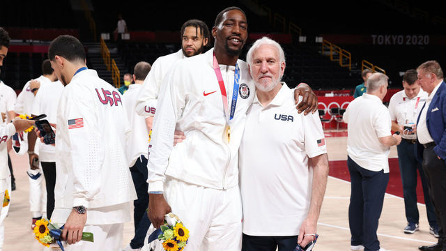 TOKYO, JAPAN - AUGUST 7: Bam Adebayo #13 of the USA Men's National Team and Head Coach Gregg Popovich of the USA Men's National Team pose for a picture during the Medal Ceremony of the 2020 Tokyo Olympics at the Saitama Super Arena on August 7, 2021 in Tokyo, Japan. NOTE TO USER: User expressly acknowledges and agrees that, by downloading and/or using this Photograph, user is consenting to the terms and conditions of the Getty Images License Agreement. Mandatory Copyright Notice: Copyright 2021 NBAE