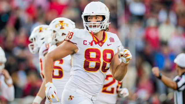 LUBBOCK, TEXAS - NOVEMBER 13: Tight end Charlie Kolar #88 of the Iowa State Cyclones runs to the sideline during the second half of the college football game against the Texas Tech Red Raiders at Jones AT&T Stadium on November 13, 2021 in Lubbock, Texas.