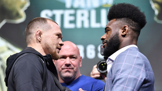 LAS VEGAS, NEVADA - MARCH 04: (L-R) Opponents Petr Yan of Russia and Aljamain Sterling face off during the UFC 259 press conference at UFC APEX on March 04, 2021 in Las Vegas, Nevada.