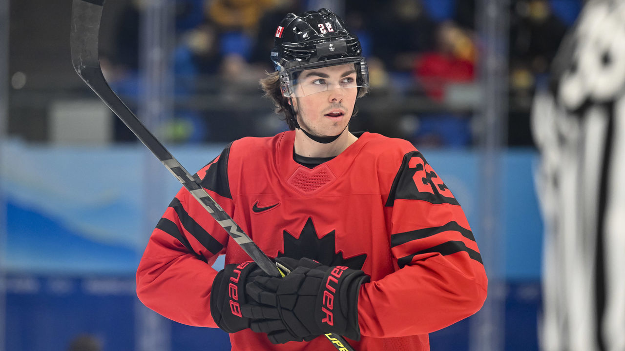 BEIJING, CHINA - FEBRUARY 12: Owen Power of Canada looks on at the men's ice hockey group A preliminary round match between Canada and USA during the Beijing 2022 Winter Olympics at National Indoor Stadium on February 12, 2022 in Beijing, China.