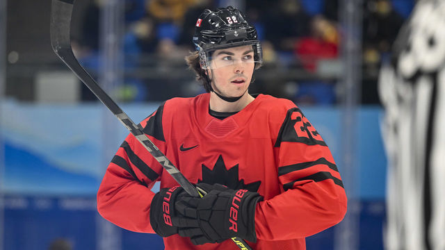 BEIJING, CHINA - FEBRUARY 12: Owen Power of Canada looks on at the men's ice hockey group A preliminary round match between Canada and USA during the Beijing 2022 Winter Olympics at National Indoor Stadium on February 12, 2022 in Beijing, China.