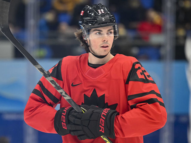 BEIJING, CHINA - FEBRUARY 12: Owen Power of Canada looks on at the men's ice hockey group A preliminary round match between Canada and USA during the Beijing 2022 Winter Olympics at National Indoor Stadium on February 12, 2022 in Beijing, China.