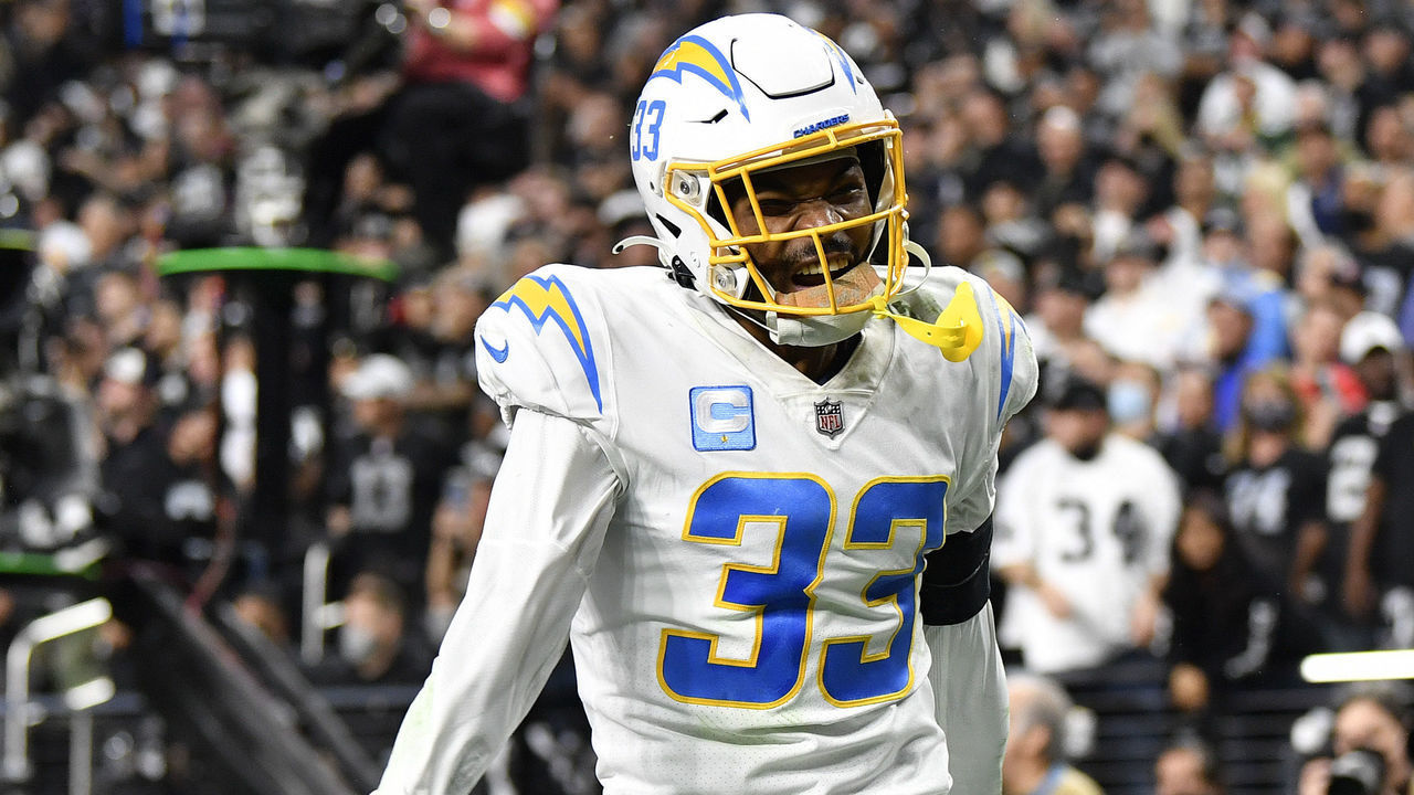 LAS VEGAS, NEVADA - JANUARY 09: Derwin James #33 of the Los Angeles Chargers celebrates an incompletion by the Las Vegas Raiders during the third quarter at Allegiant Stadium on January 09, 2022 in Las Vegas, Nevada.