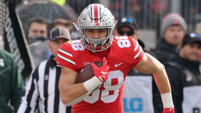 COLUMBUS, OHIO - NOVEMBER 20: Jeremy Ruckert #88 of the Ohio State Buckeyes plays against the Michigan State Spartans at Ohio Stadium on November 20, 2021 in Columbus, Ohio.