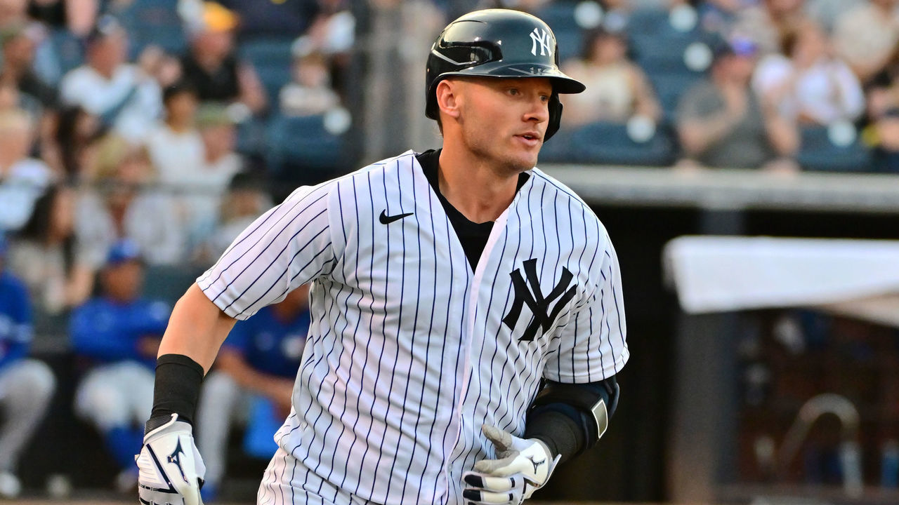 TAMPA, FLORIDA - MARCH 30: Josh Donaldson #28 of the New York Yankees runs to first after hitting a RBI double in the third inning against the Toronto Blue Jays during a Grapefruit League spring training game at George Steinbrenner Field on March 30, 2022 in Tampa, Florida.