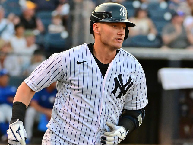 TAMPA, FLORIDA - MARCH 30: Josh Donaldson #28 of the New York Yankees runs to first after hitting a RBI double in the third inning against the Toronto Blue Jays during a Grapefruit League spring training game at George Steinbrenner Field on March 30, 2022 in Tampa, Florida.