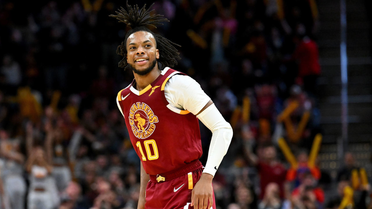 CLEVELAND, OHIO - APRIL 03: Darius Garland #10 of the Cleveland Cavaliers reacts during the fourth quarter against the Philadelphia 76ers at Rocket Mortgage Fieldhouse on April 03, 2022 in Cleveland, Ohio. The 76ers defeated the Cavaliers 112-108. NOTE TO USER: User expressly acknowledges and agrees that, by downloading and/or using this photograph, user is consenting to the terms and conditions of the Getty Images License Agreement.