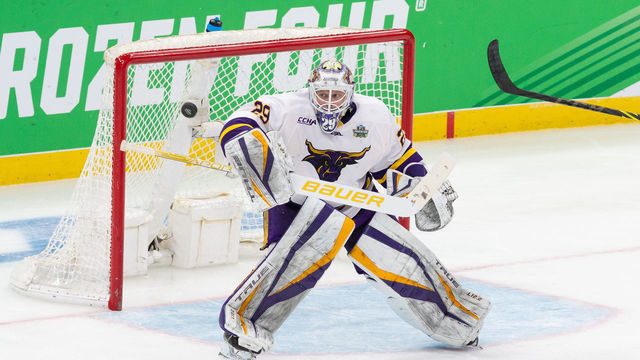 BOSTON, MA - APRIL 7: Dryden McKay #29 of the Minnesota State Mavericks makes a save during the third period of game two of the 2021 NCAA Division I Men's Hockey Frozen Four Championship semifinal at TD Garden on April 7, 2022 in Boston, Massachusetts. The Mavericks won 5-1.