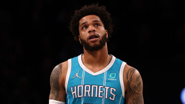 NEW YORK, NEW YORK - MARCH 27: Miles Bridges #0 of the Charlotte Hornets in action against the Brooklyn Nets at Barclays Center on March 27, 2022 in New York City. Charlotte Hornets defeated the Brooklyn Nets 119-110.