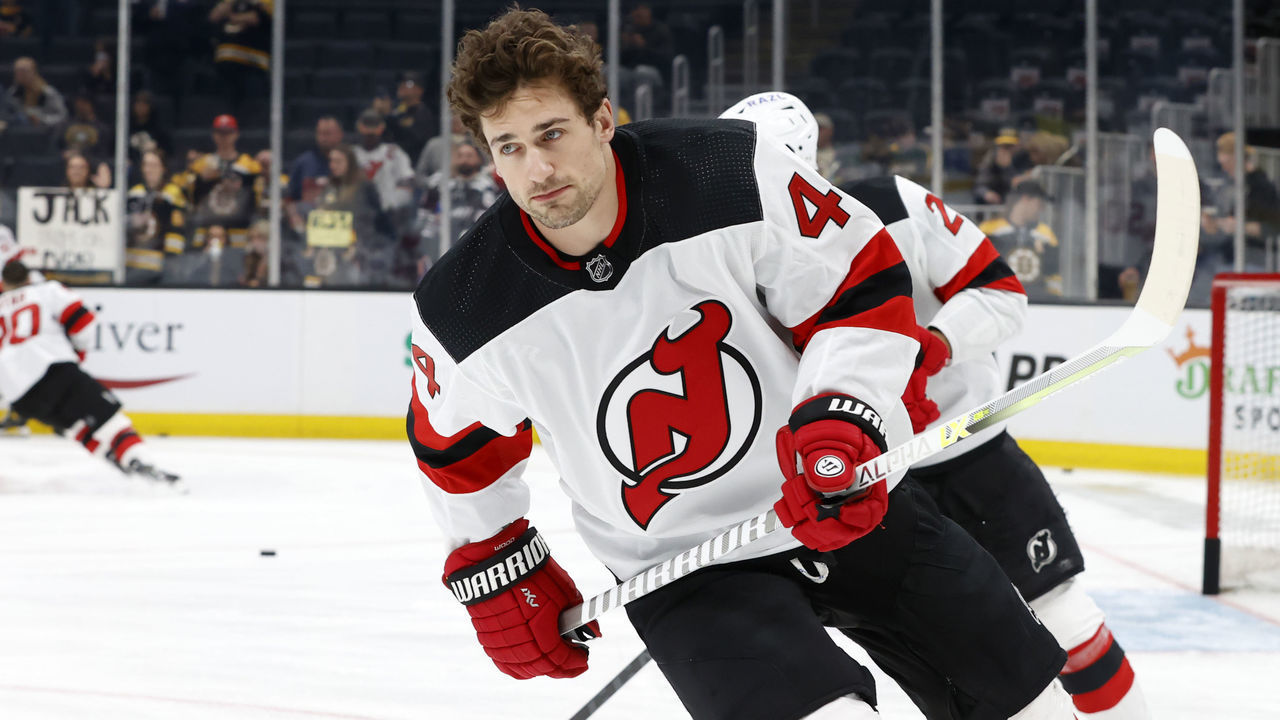 BOSTON, MA - MARCH 31: New Jersey Devils left wing Miles Wood (44) skates in warm up before a game between the Boston Bruins and the New Jersey Devils on March 31, 2022, at TD Garden in Boston, Massachusetts.