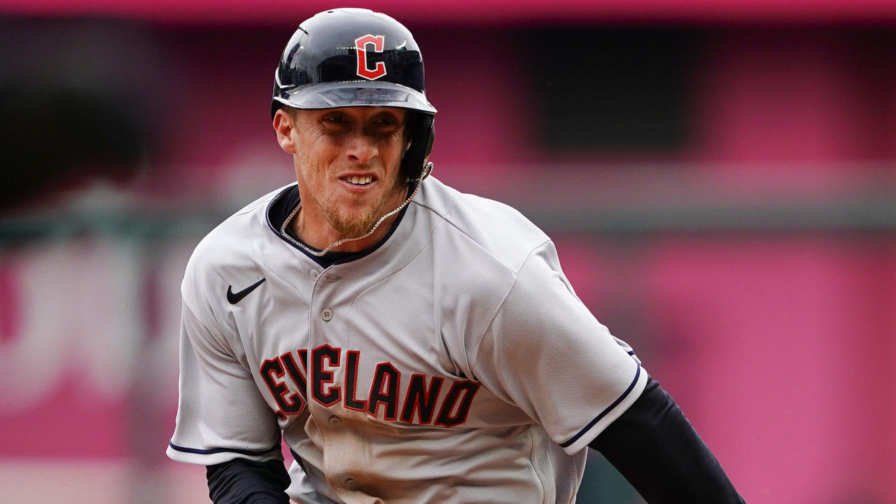 KANSAS CITY, MO - APRIL 07: Myles Straw #7 of the Cleveland Guardians rounds third and scores the first run against the Kansas City Royals in the third inning during Opening Day at Kauffman Stadium on April 7, 2022 in Kansas City, Missouri.