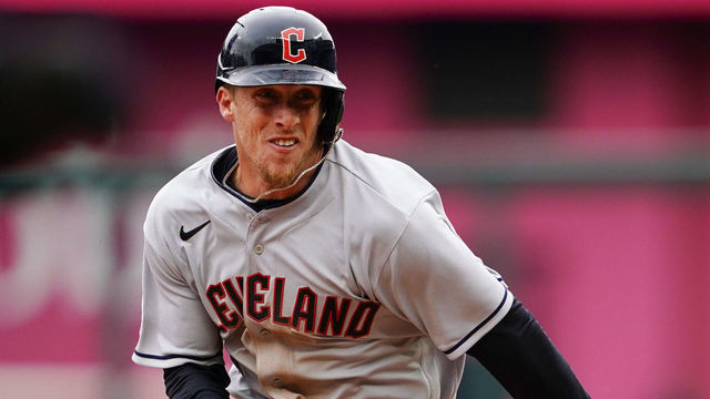 KANSAS CITY, MO - APRIL 07: Myles Straw #7 of the Cleveland Guardians rounds third and scores the first run against the Kansas City Royals in the third inning during Opening Day at Kauffman Stadium on April 7, 2022 in Kansas City, Missouri.